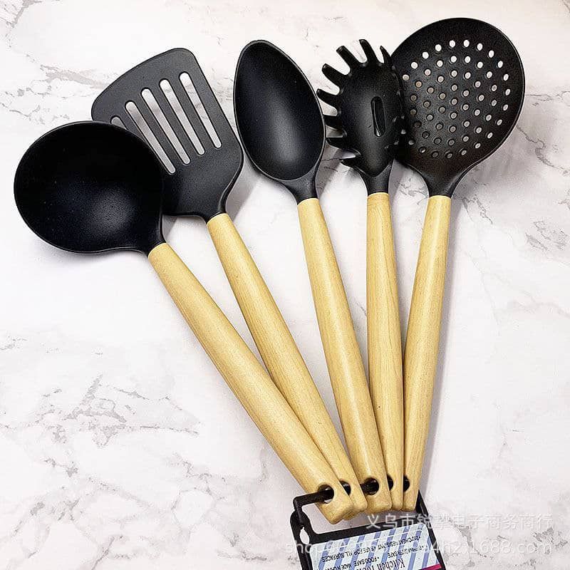 5pcs Wooden Handle Non-Stick Silicon Head Cooking Spoon Set