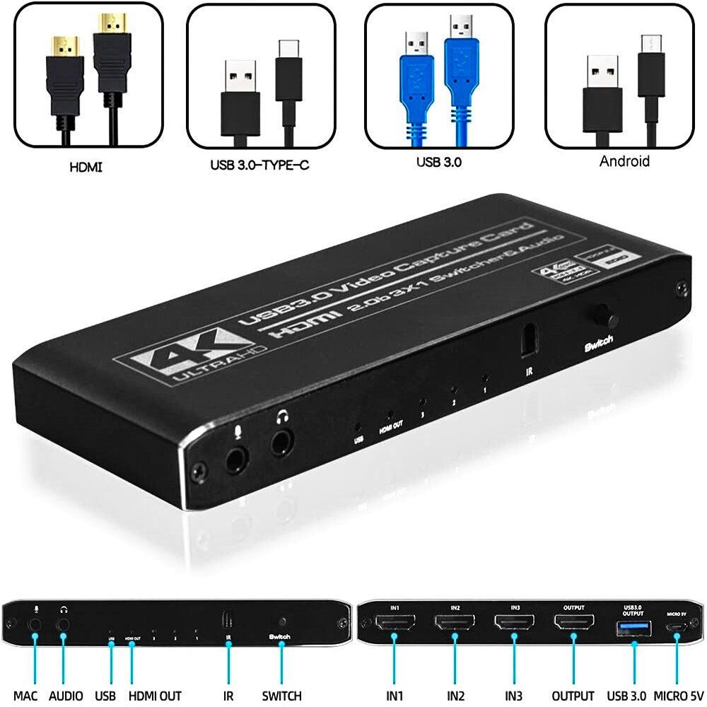 4K@60fps Video Card USB 3.0 2.0 Video Capture Card HDMI-Compatible Switch Placa De Video 3 In 1 Out For Game Live Streaming PS4