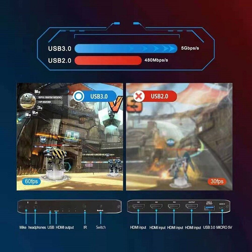 4K@60fps Video Card USB 3.0 2.0 Video Capture Card HDMI-Compatible Switch Placa De Video 3 In 1 Out For Game Live Streaming PS4