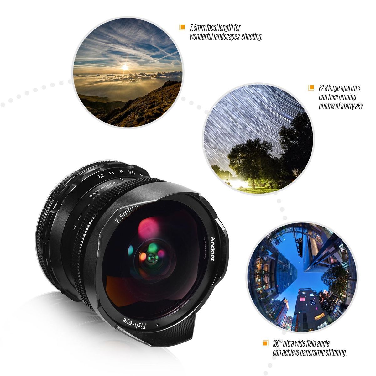 Andoer 7.5mm F2.8 Manual Focus Fisheye Lens 180° Ultra Wide Angle Large Aperture E-Mount Lens Compatible with Sony APS-C Frame ILDC Camera A6600 A6100 A6400 A6500 A6300 A6000 5100 A77II