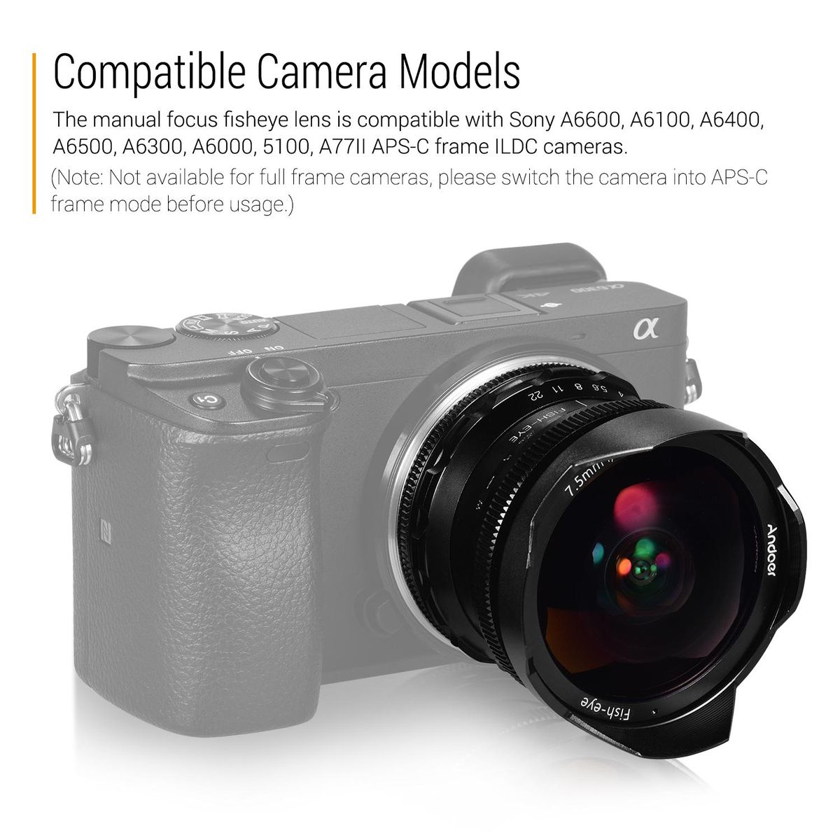 Andoer 7.5mm F2.8 Manual Focus Fisheye Lens 180° Ultra Wide Angle Large Aperture E-Mount Lens Compatible with Sony APS-C Frame ILDC Camera A6600 A6100 A6400 A6500 A6300 A6000 5100 A77II