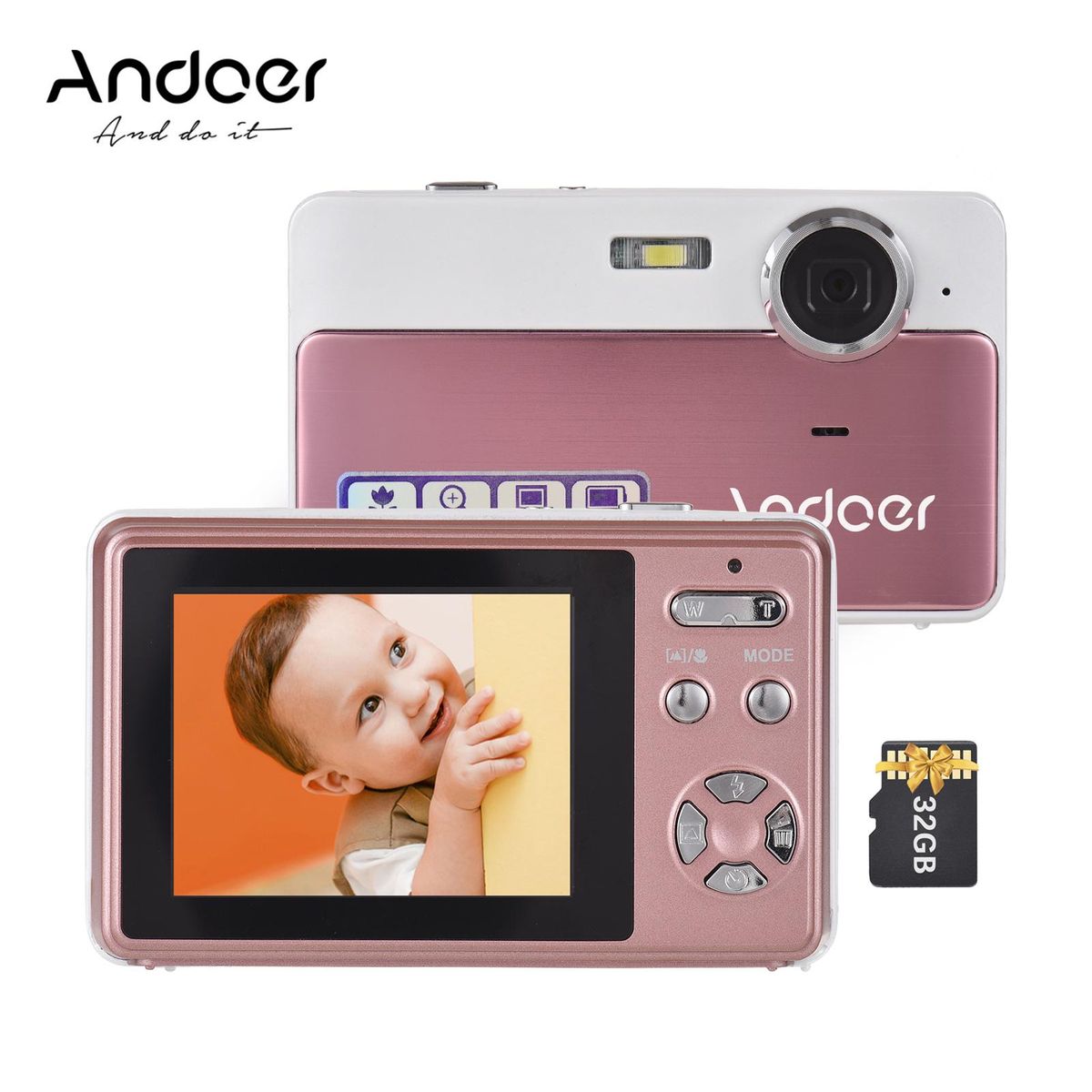 Andoer 4K Compact Digital Camera Video Camcorder 2.4 Inch IPS Screen 16X Digital Zoom Anti-shake Smile Capture Built-in Flash Battery with 32GB Memory Card Christmas Gift for Kids Teens Friends