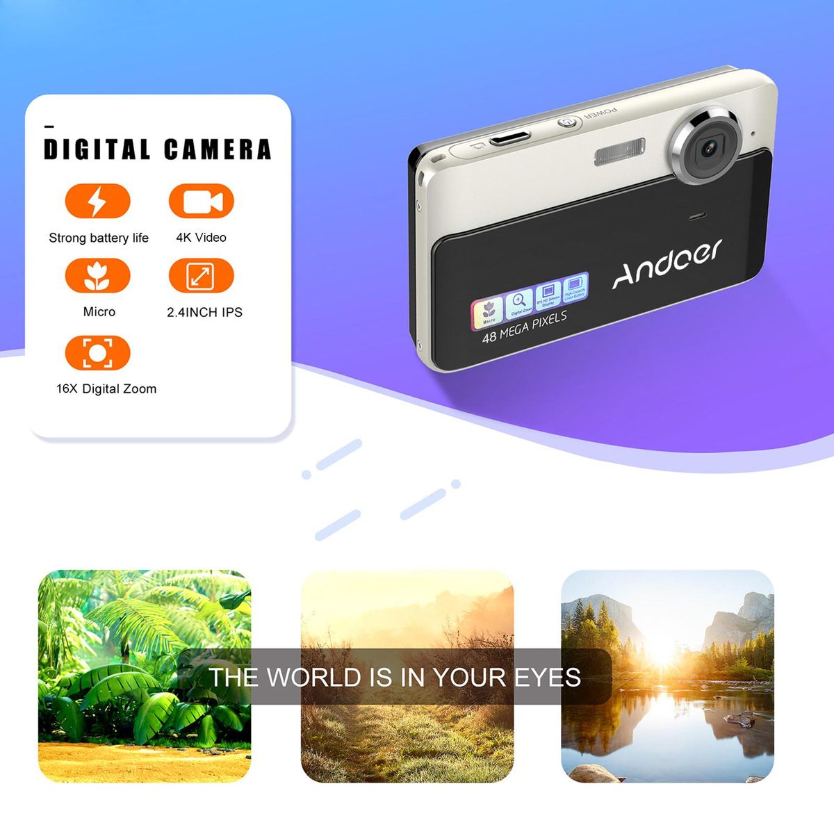 Andoer 4K Compact Digital Camera Video Camcorder 2.4 Inch IPS Screen 16X Digital Zoom Anti-shake Smile Capture Built-in Flash Battery with 32GB Memory Card Christmas Gift for Kids Teens Friends