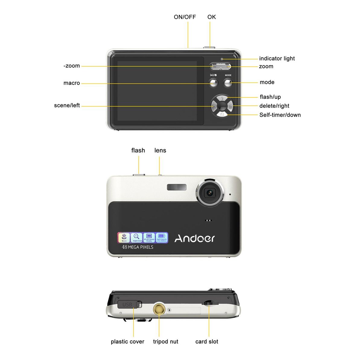 Andoer 4K Compact Digital Camera Video Camcorder 2.4 Inch IPS Screen 16X Digital Zoom Anti-shake Smile Capture Built-in Flash Battery with 32GB Memory Card Christmas Gift for Kids Teens Friends