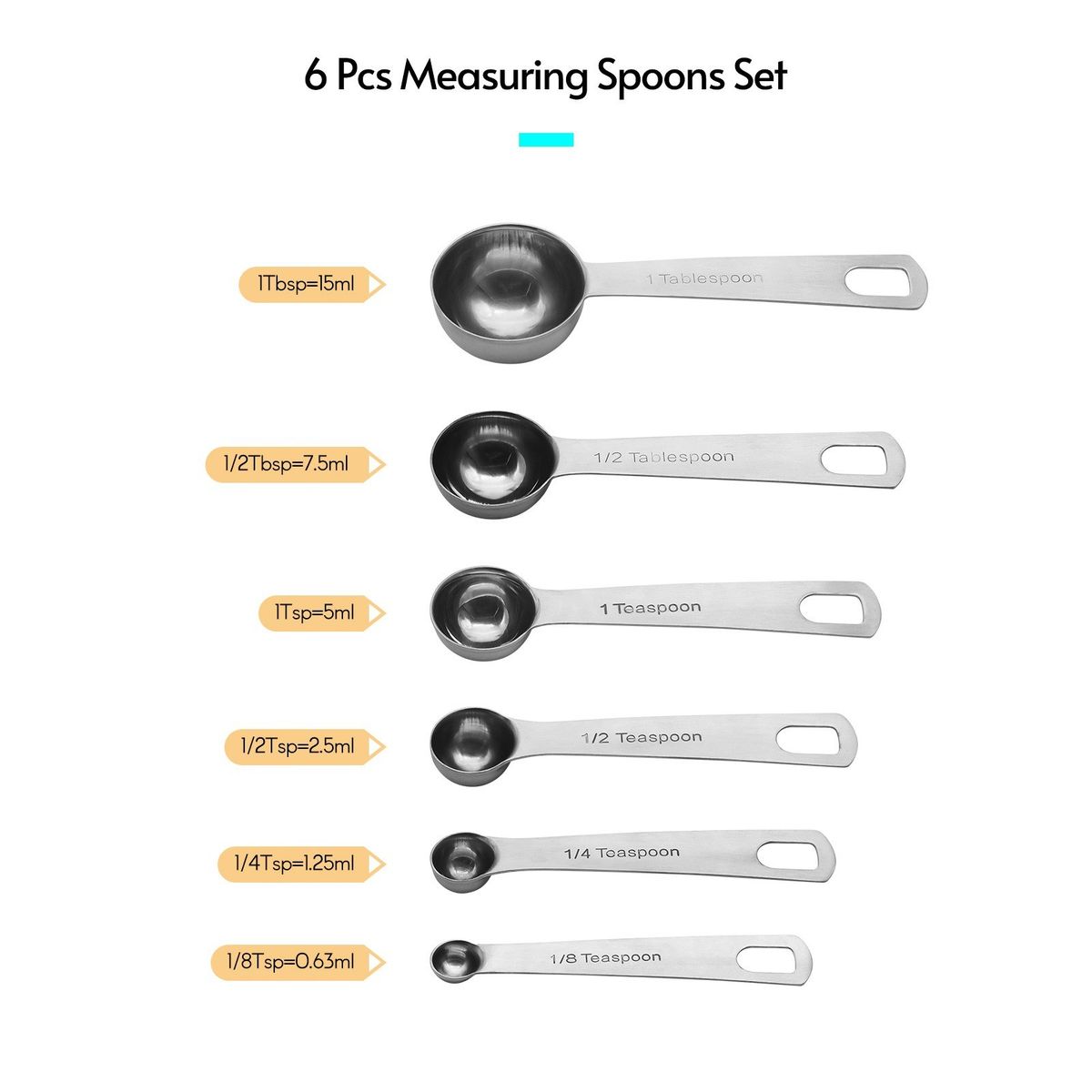 Measuring Spoons Set 6 Pcs Stainless Steel Metal Measuring