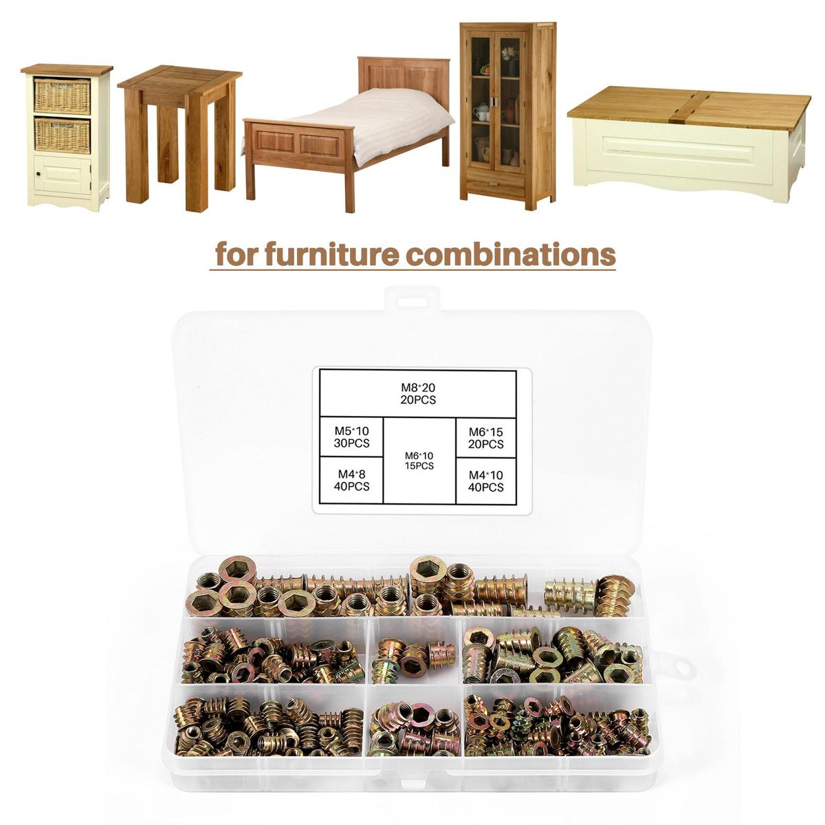 Threaded Inserts Nuts Wood Insert Assortment Tool Kit M6M8 Furniture Screw Inserts Bolt Fastener165 PCS