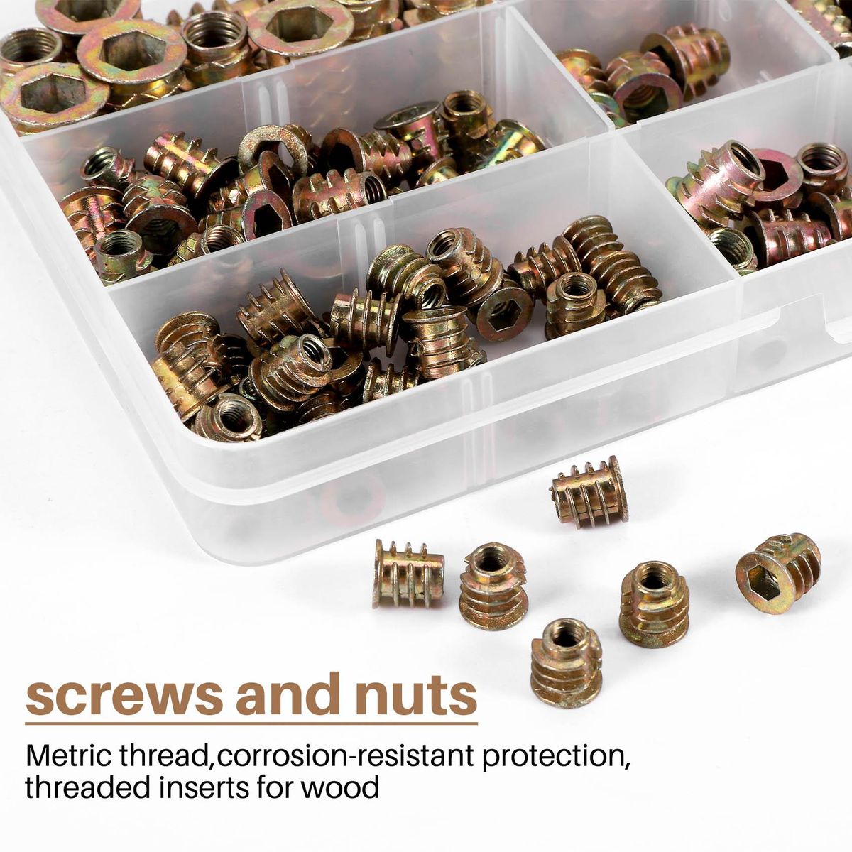 Threaded Inserts Nuts Wood Insert Assortment Tool Kit M6M8 Furniture Screw Inserts Bolt Fastener165 PCS