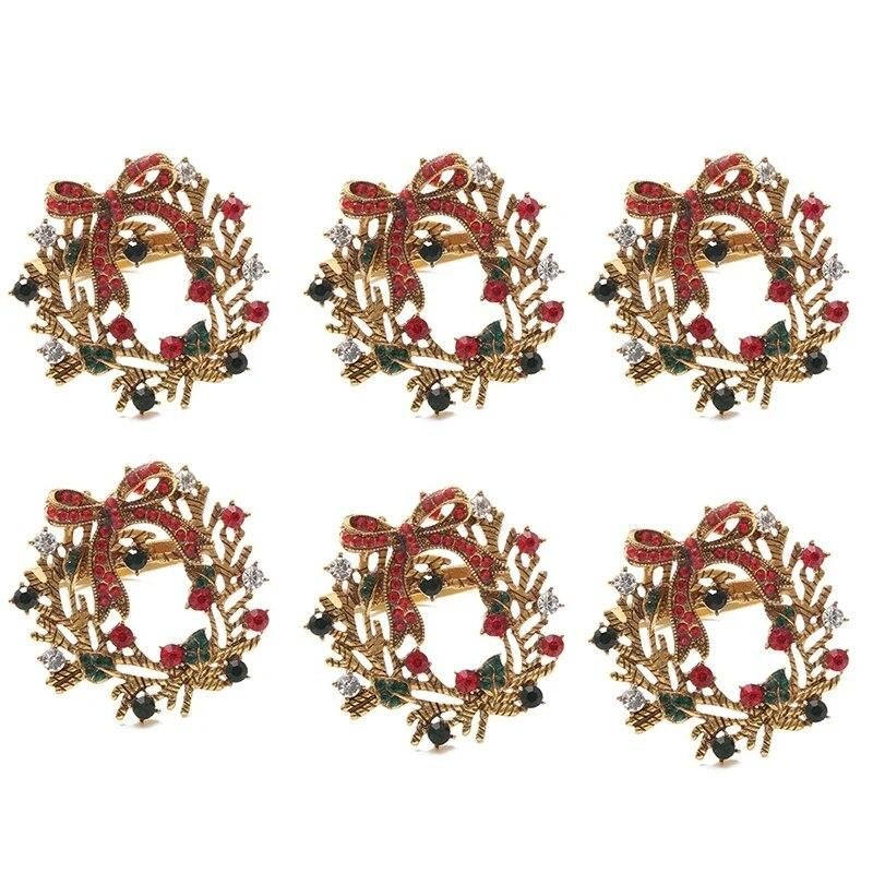6Pcs Christmas Wreath Napkin Rings Metal Napkin Buckle Napkin Holder Napkin Circle Hotel Restaurant Wedding Party Dinner Table D