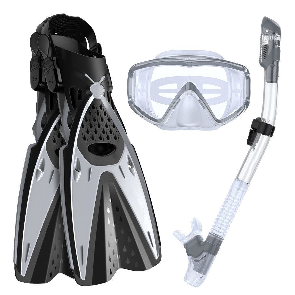 HHAOSPORT 3PCS/Set Snorkel Cover Swimming Glasses + Underwater Breathing Tube + Diving Fins Diving Grey ML XL