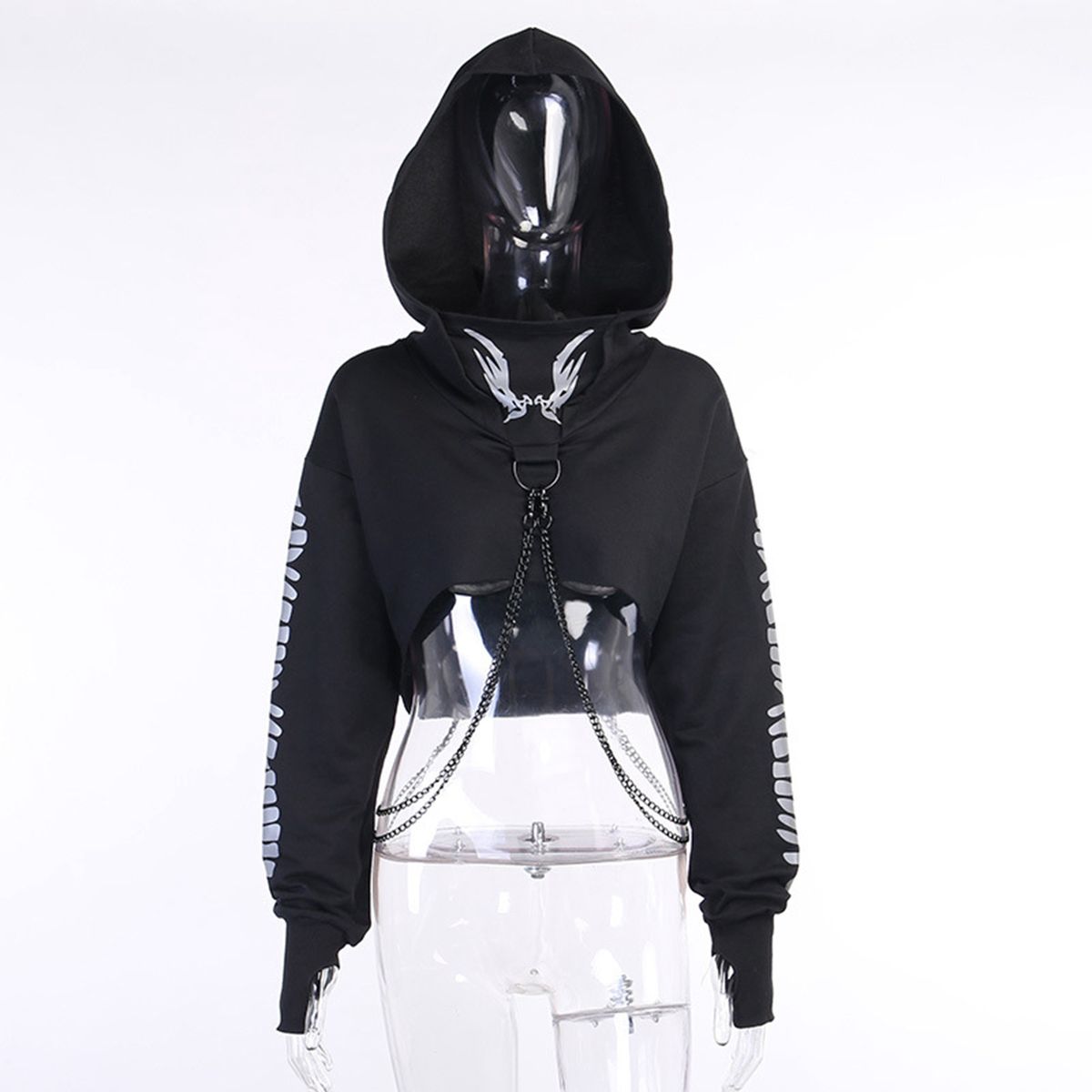 Women's Fashion Metal Chain Hoodie Pullover Crop Top Gothic Hooded L