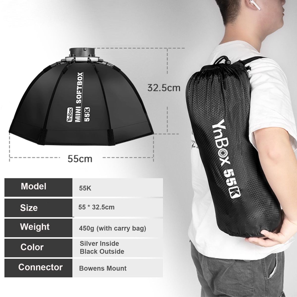 YnBox 55K 55cm/22in Octagon Photography Softbox with Bowens Mount Removeable Diffuser Carrying Bag for YONGNUO YNLUX100/ YNLUX100 Pro Video Light