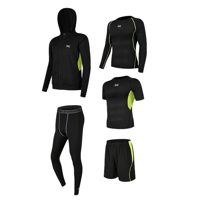 5 In 1 Men's Tracksuit Elastic Dance Compression T-shirt Green M