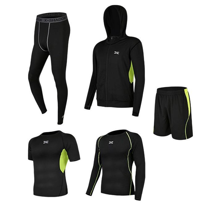 5 In 1 Men's Tracksuit Elastic Dance Compression T-shirt Green M