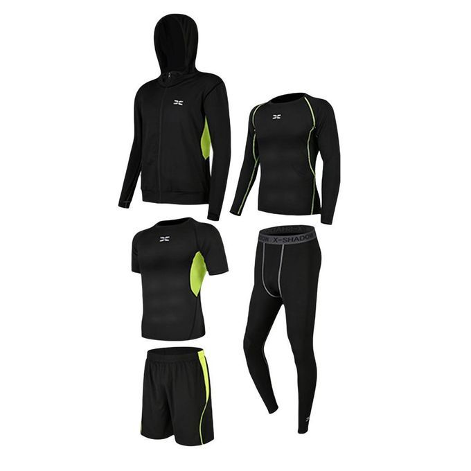 5 In 1 Men's Tracksuit Elastic Dance Compression T-shirt Green M
