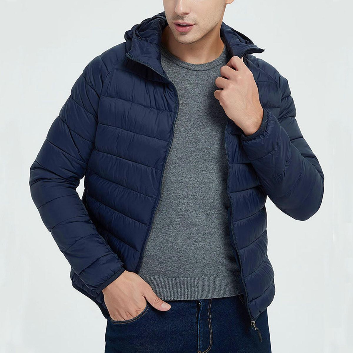 Men's Packable Hooded Down Puffer Jacket, Winter Warm Dark Blue L