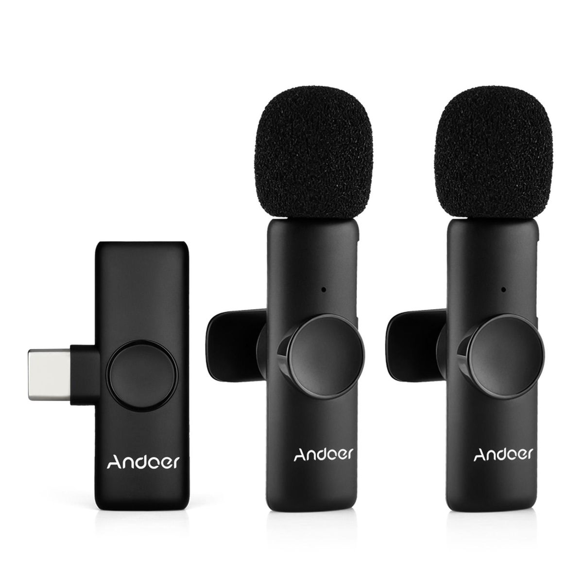 Andoer One-Trigger-Two Mini 2.4G Wireless Microphone System(2 Transmitters + 1 Receiver) Clip-on Mic 20M Transmission Range Built-in Battery Plug-and-Play for Type-C Smartphones Tablets Vlog Live Streaming Interview