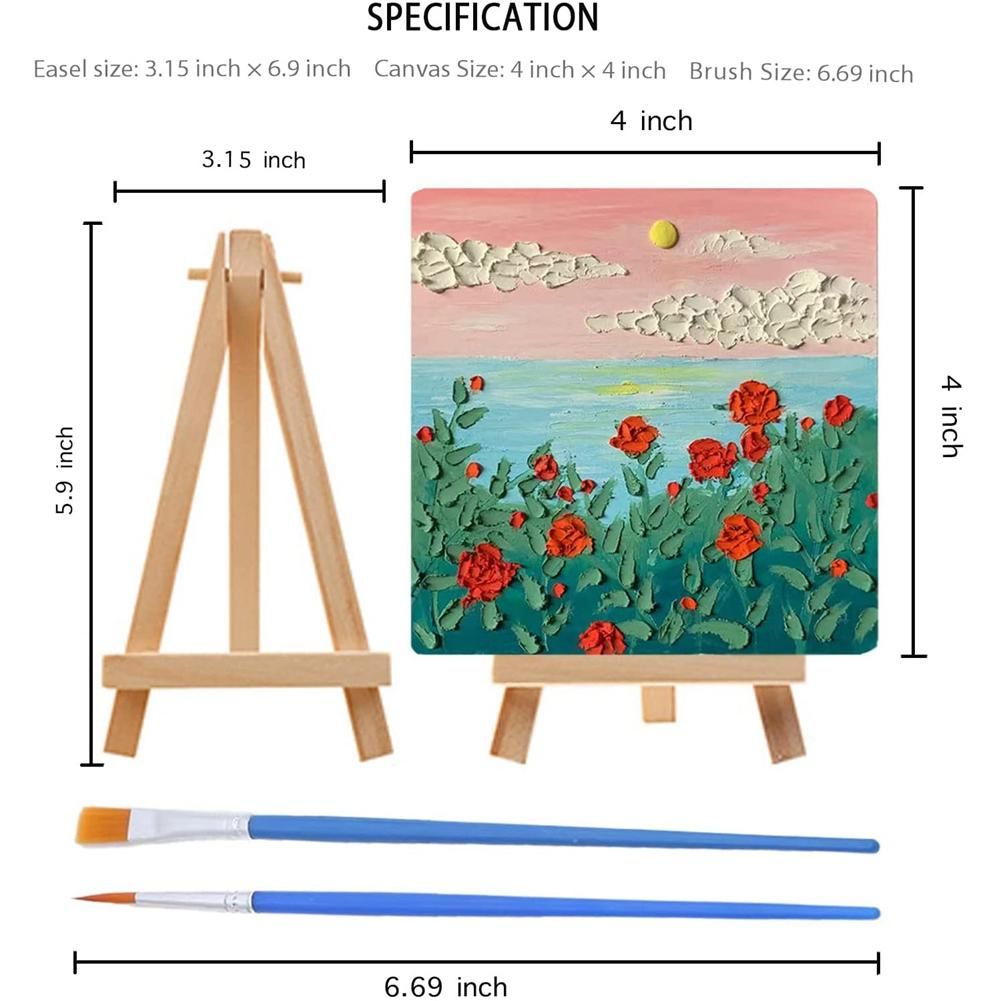 14Pcs Mini Canvas and Easel Brush Set, Canvas 4X4 Inch,