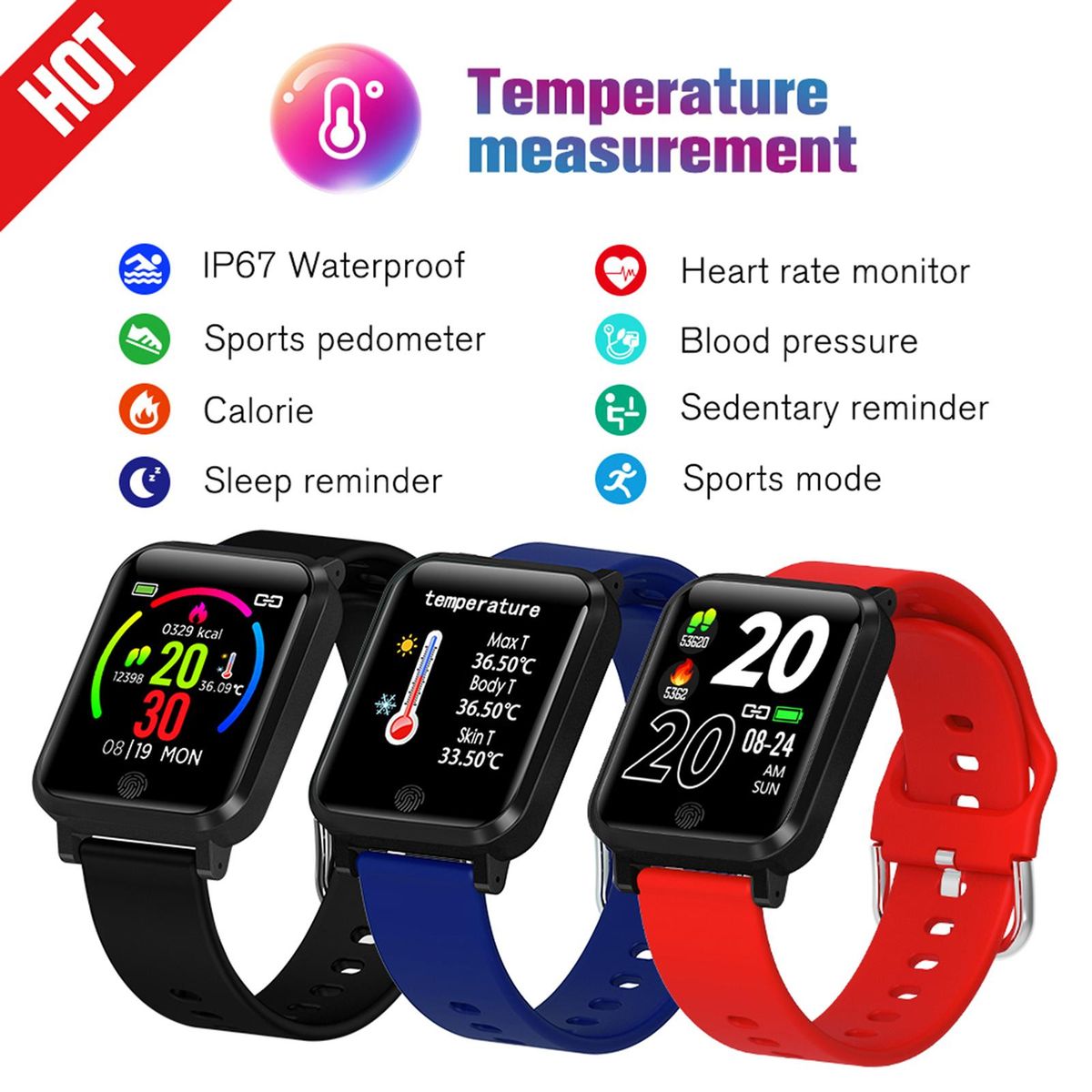 Smart Watch, Fitness Tracker, Smart Sports Bracelet, Body Temperature / PR Pulse Rate / SpO2 Blood Oxygen Sensor Saturation / Blood Pressure Monitoring, Step Calorie Counter Sleep Monitoring, IP67 Waterproof Smart Bracelet