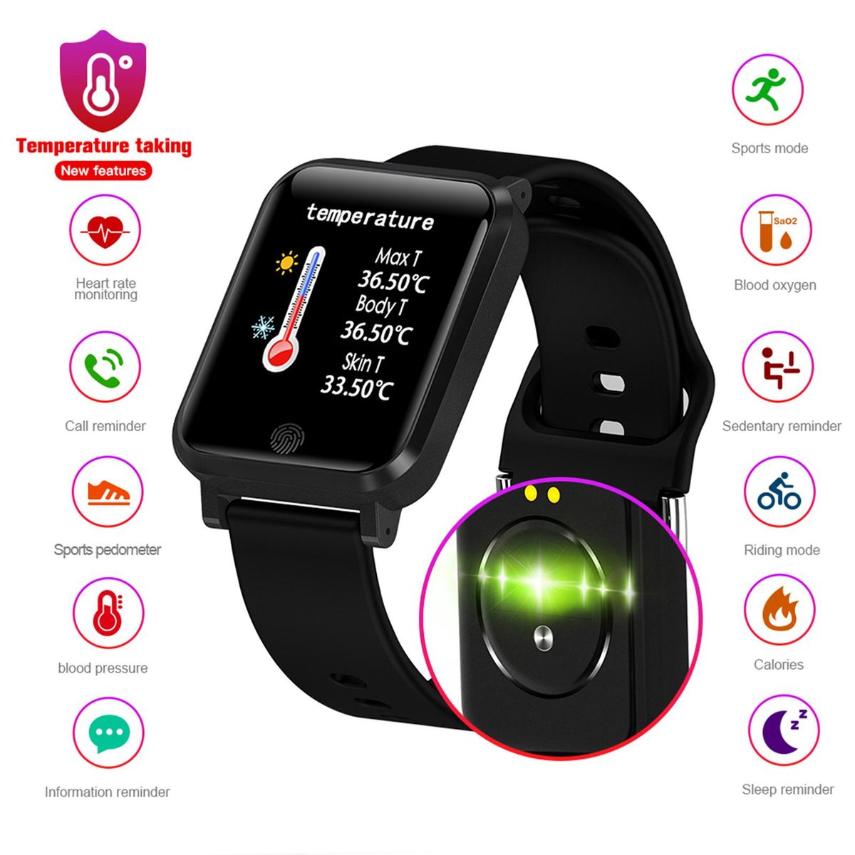 Smart Watch, Fitness Tracker, Smart Sports Bracelet, Body Temperature / PR Pulse Rate / SpO2 Blood Oxygen Sensor Saturation / Blood Pressure Monitoring, Step Calorie Counter Sleep Monitoring, IP67 Waterproof Smart Bracelet