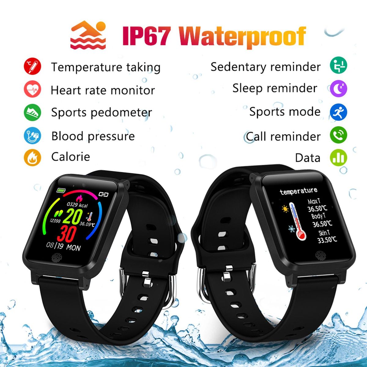Smart Watch, Fitness Tracker, Smart Sports Bracelet, Body Temperature / PR Pulse Rate / SpO2 Blood Oxygen Sensor Saturation / Blood Pressure Monitoring, Step Calorie Counter Sleep Monitoring, IP67 Waterproof Smart Bracelet