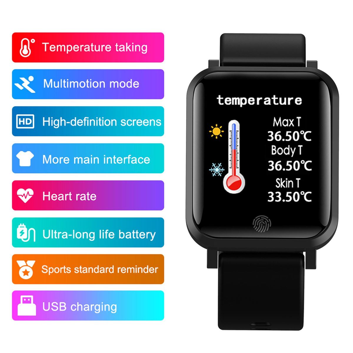 Smart Watch, Fitness Tracker, Smart Sports Bracelet, Body Temperature / PR Pulse Rate / SpO2 Blood Oxygen Sensor Saturation / Blood Pressure Monitoring, Step Calorie Counter Sleep Monitoring, IP67 Waterproof Smart Bracelet