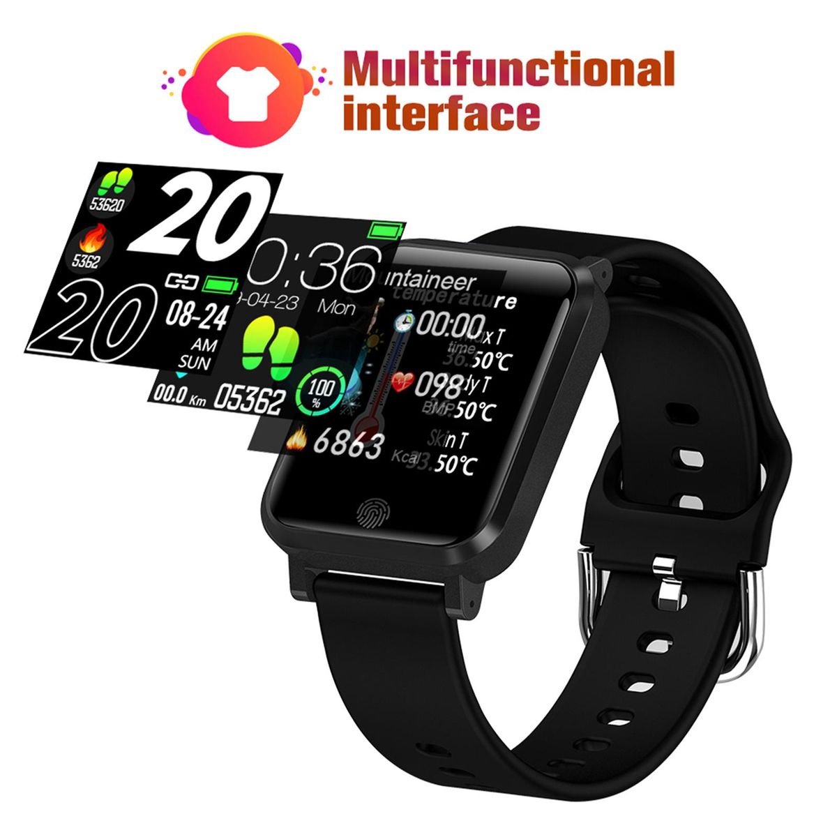 Smart Watch, Fitness Tracker, Smart Sports Bracelet, Body Temperature / PR Pulse Rate / SpO2 Blood Oxygen Sensor Saturation / Blood Pressure Monitoring, Step Calorie Counter Sleep Monitoring, IP67 Waterproof Smart Bracelet
