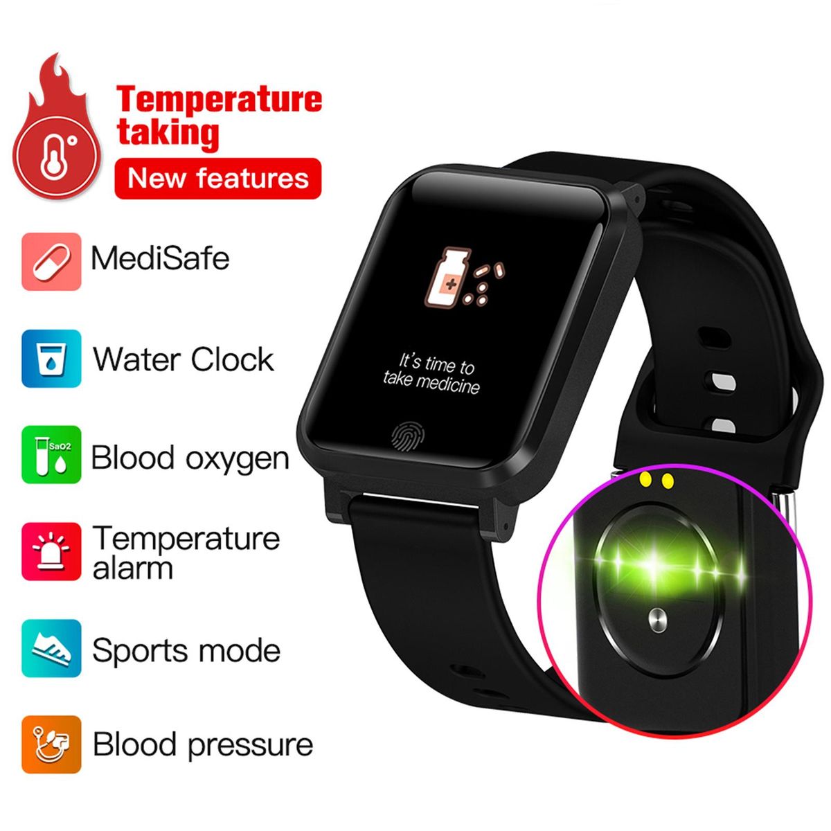 Smart Watch, Fitness Tracker, Smart Sports Bracelet, Body Temperature / PR Pulse Rate / SpO2 Blood Oxygen Sensor Saturation / Blood Pressure Monitoring, Step Calorie Counter Sleep Monitoring, IP67 Waterproof Smart Bracelet