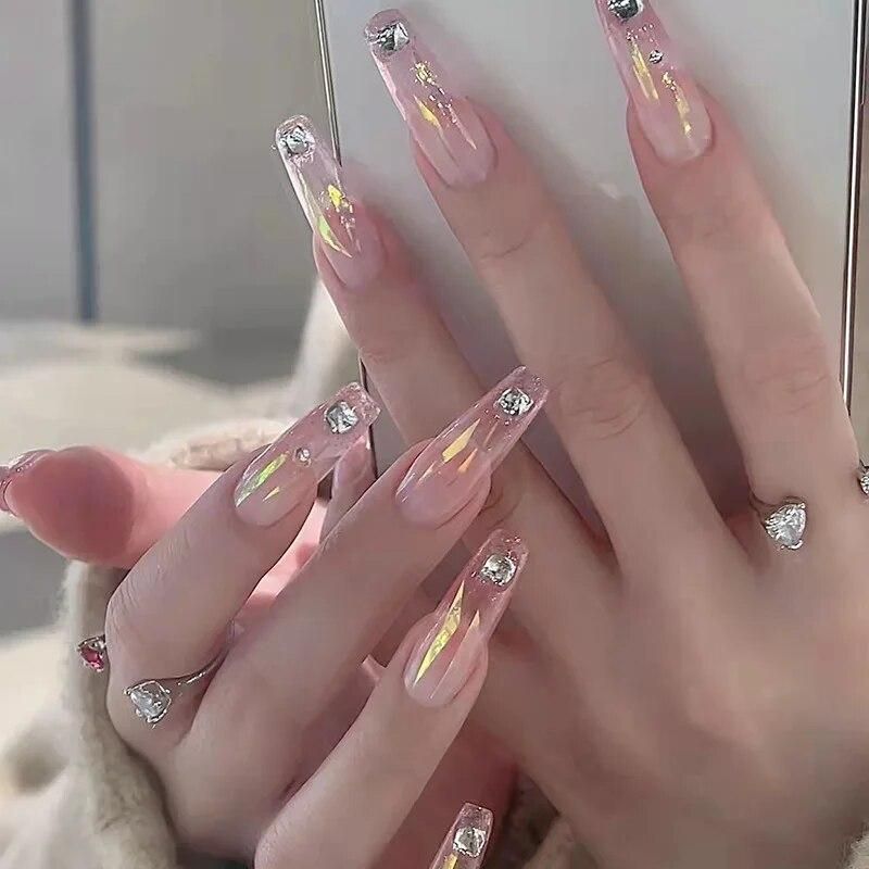 New Fake Nails Press on Nail Gradient Pink Diamond Designs Art Long Tips False Forms with Glue Stick Stickers Reusable Set