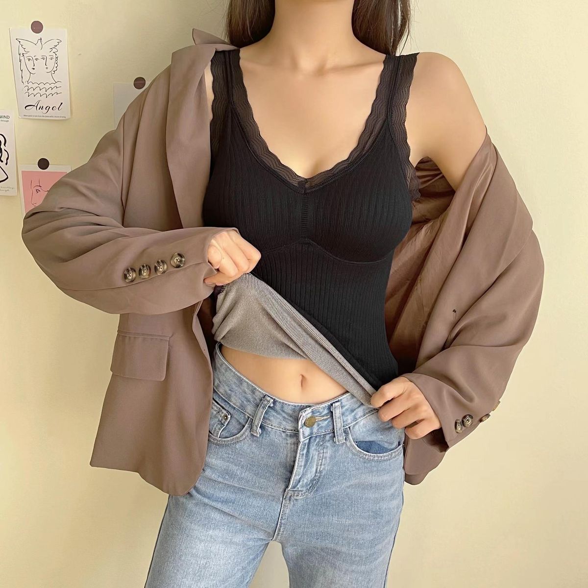 Warm Undershirt With Chest Pad Women Thickened And Velvet Lace Long Clothes Autumn And Winter Bottoming Shirt Vest Underwear