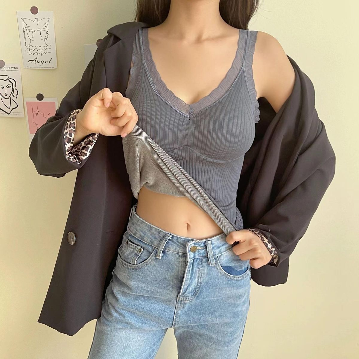 Warm Undershirt With Chest Pad Women Thickened And Velvet Lace Long Clothes Autumn And Winter Bottoming Shirt Vest Underwear
