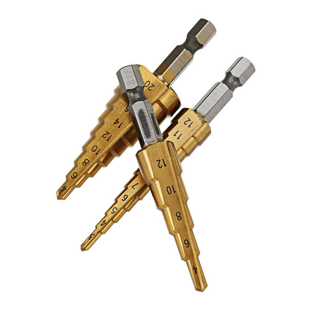 Drillpro 3Pcs 1/4 Inch Hex Shank HSS Titanium Coated Step