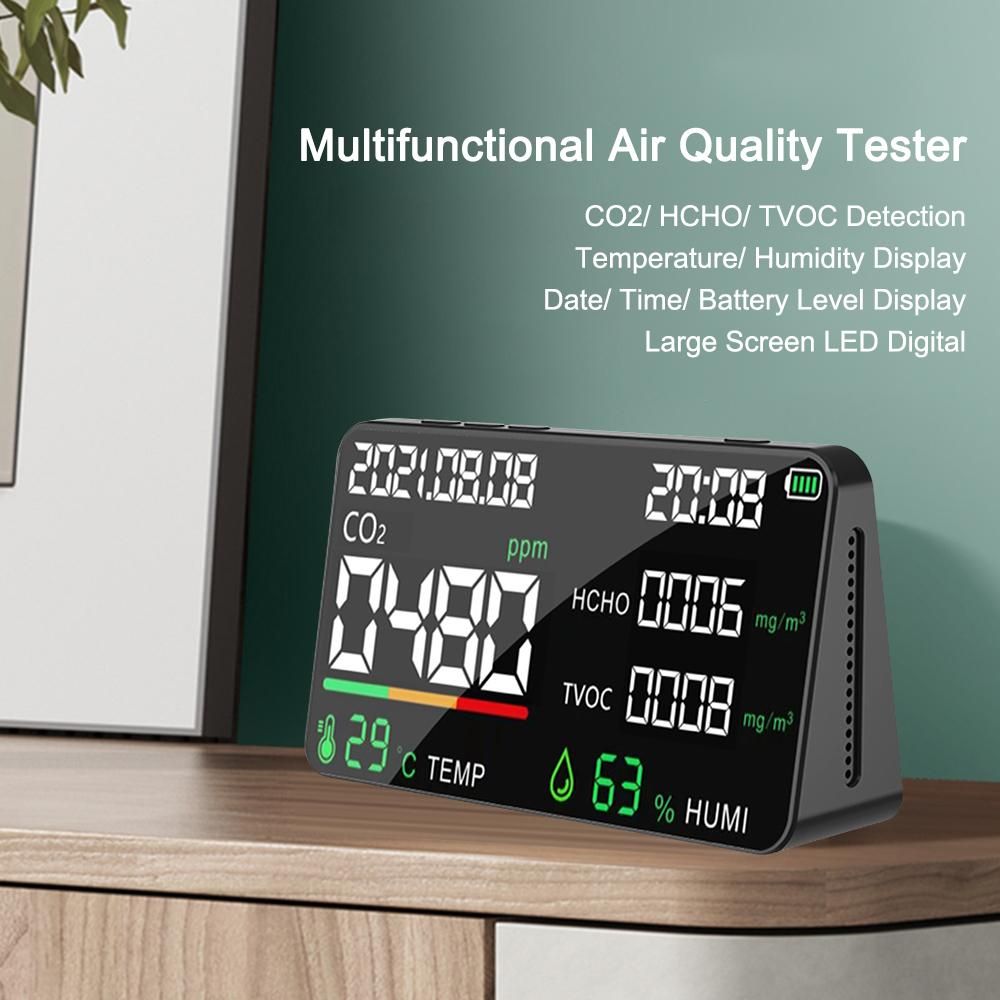 5 in 1 Air Quality Monitor LED Digital CO2 HCHO TVOC Temperature Humidity Tester USB Rechargeable Indoor Carbon Dioxide Meter for Room Office Greenhouse Warehouse