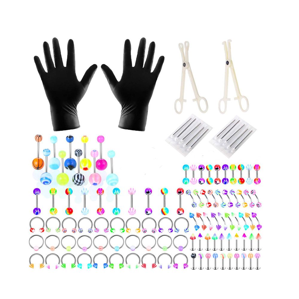 114 Pcs Steel Acrylic Belly Tongue Body Piercing Jewelry Kit
