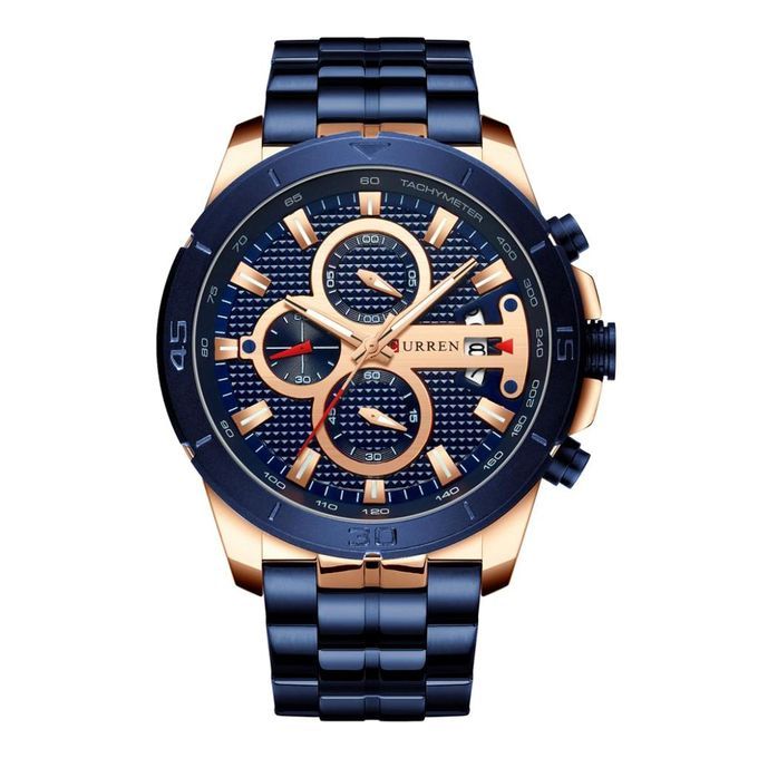Prettyia Men's Quartz Analog Chronograph Wrist Watch W/ Stainless Blue