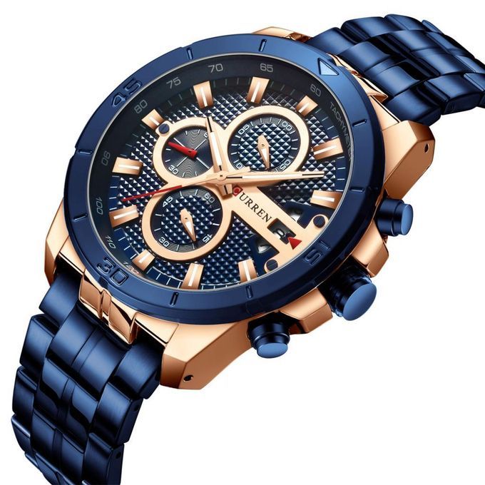 Prettyia Men's Quartz Analog Chronograph Wrist Watch W/ Stainless Blue