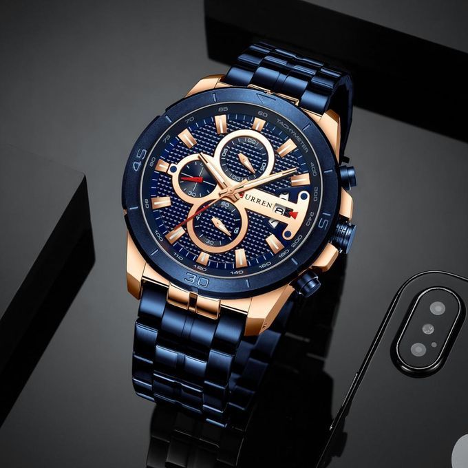 Prettyia Men's Quartz Analog Chronograph Wrist Watch W/ Stainless Blue