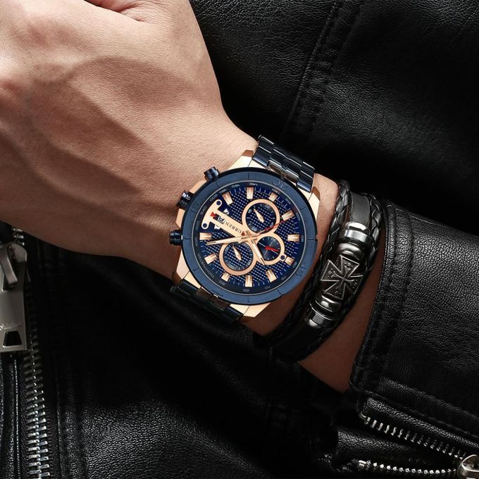 Prettyia Men's Quartz Analog Chronograph Wrist Watch W/ Stainless Blue