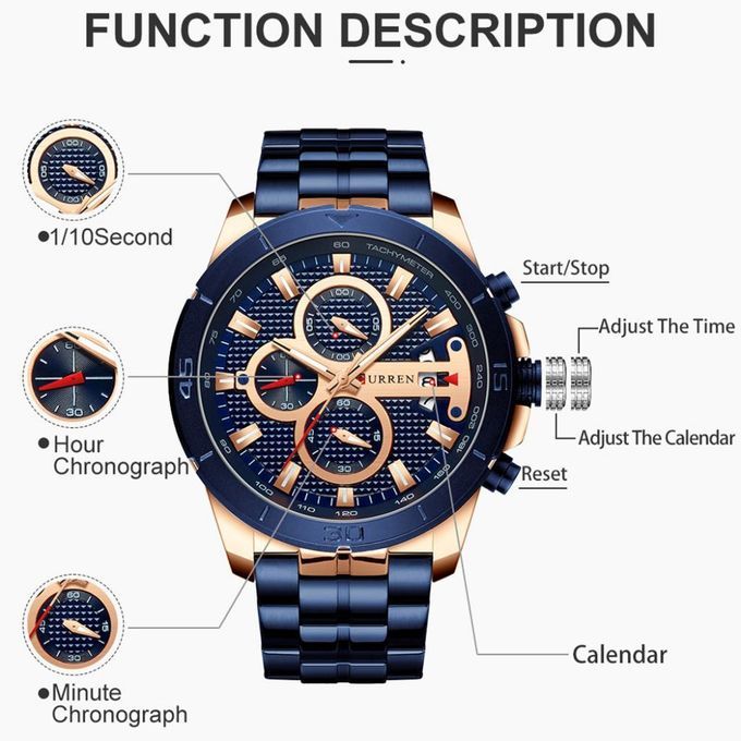 Prettyia Men's Quartz Analog Chronograph Wrist Watch W/ Stainless Blue