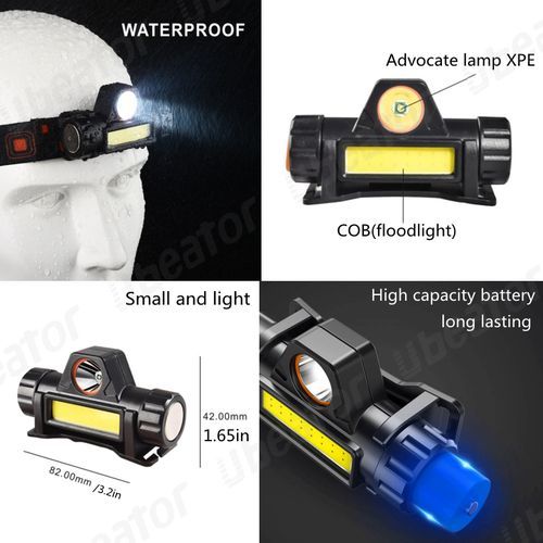 Waterproof Mini LED Headlight USB Rechargeable 90 Degree Magnet Double Light Super Bright Headlamp