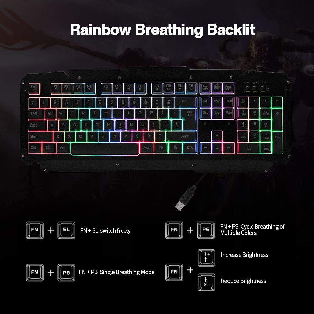 USB Wired Keyboard Rainbow Backlit With Metal Panel