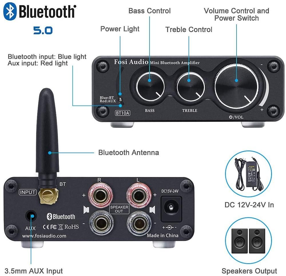 Fosi Audio Bluetooth 2 Channel Sound Power Stereo Amplifier TPA3116D2 Mini HiFi Digital Amp For Speakers 50W 10A Treble & Bass