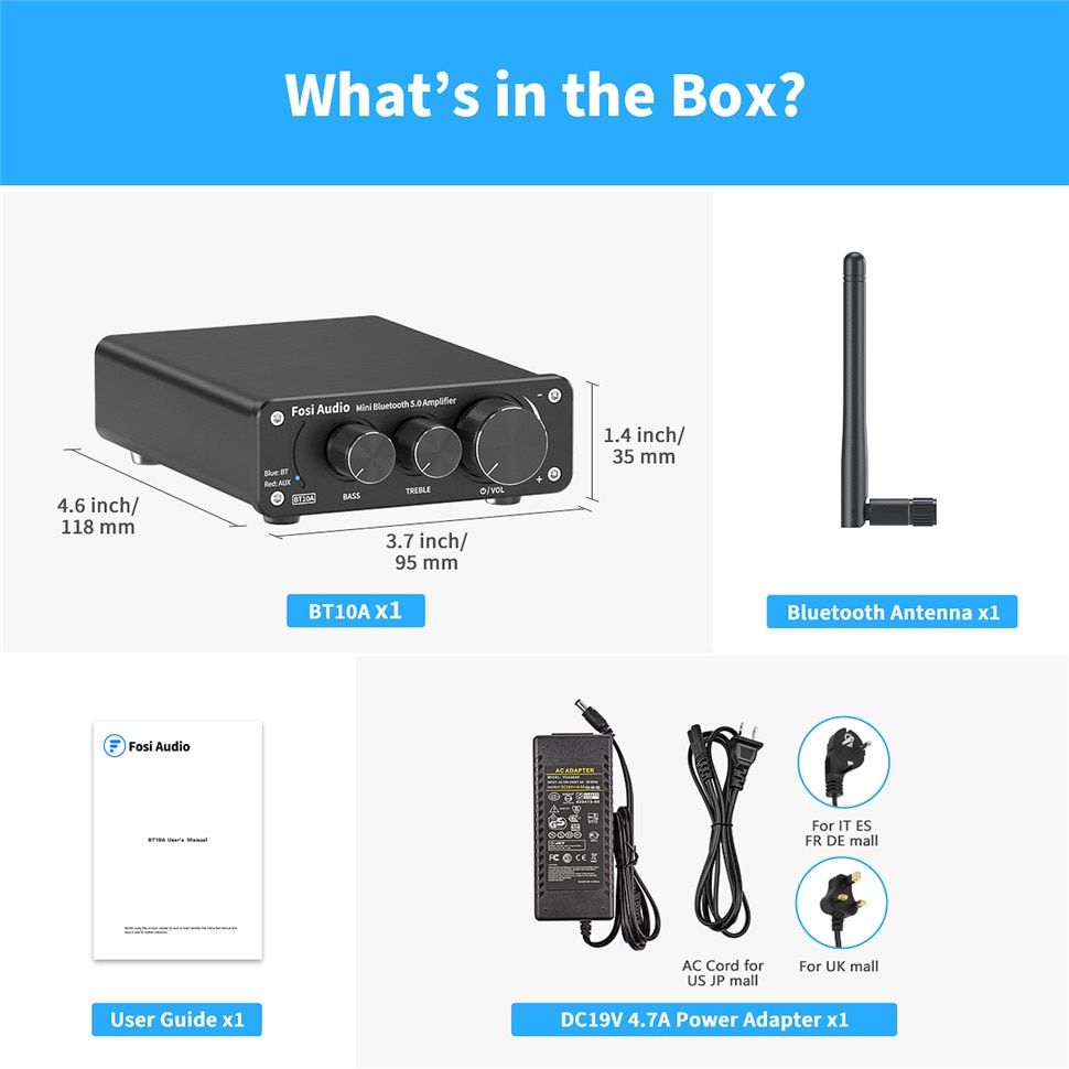 Fosi Audio Bluetooth 2 Channel Sound Power Stereo Amplifier TPA3116D2 Mini HiFi Digital Amp For Speakers 50W 10A Treble & Bass