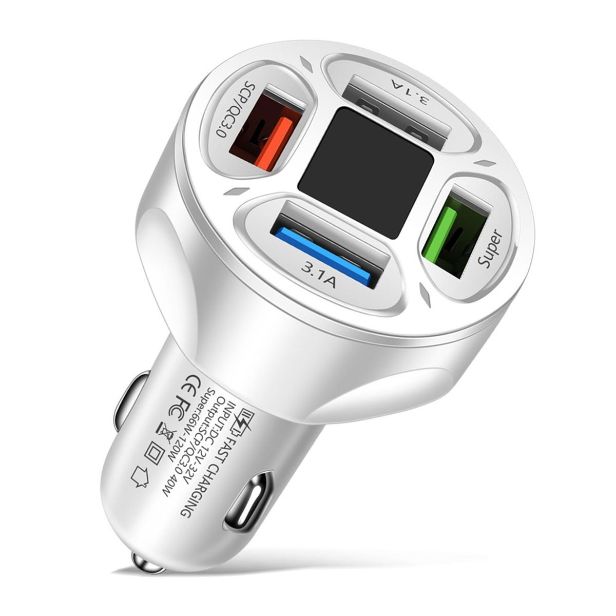 Car Phone Charger 66W 4 Ports USB Car Phone Charger Adapter White