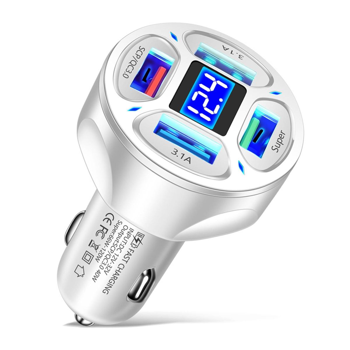 Car Phone Charger 66W 4 Ports USB Car Phone Charger Adapter White