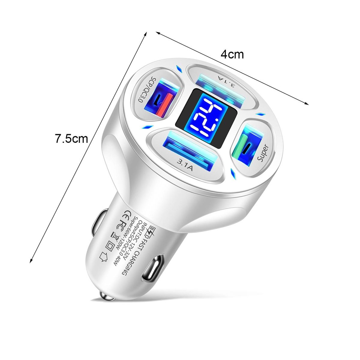 Car Phone Charger 66W 4 Ports USB Car Phone Charger Adapter White
