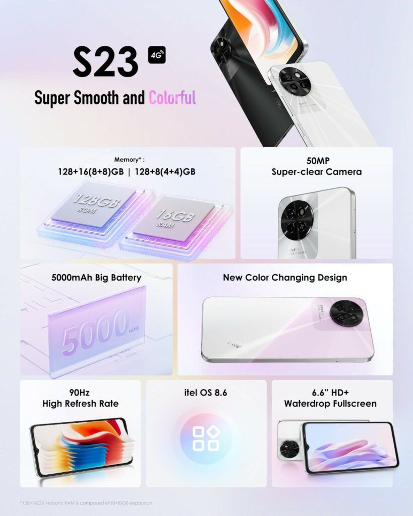 S23 6.6" 90Hz HD+, 128GB ROM + Up To 8GB RAM, 5000mAh Type-C, 50MP Clear Camera, 4G, Fingerprint & Face ID - White