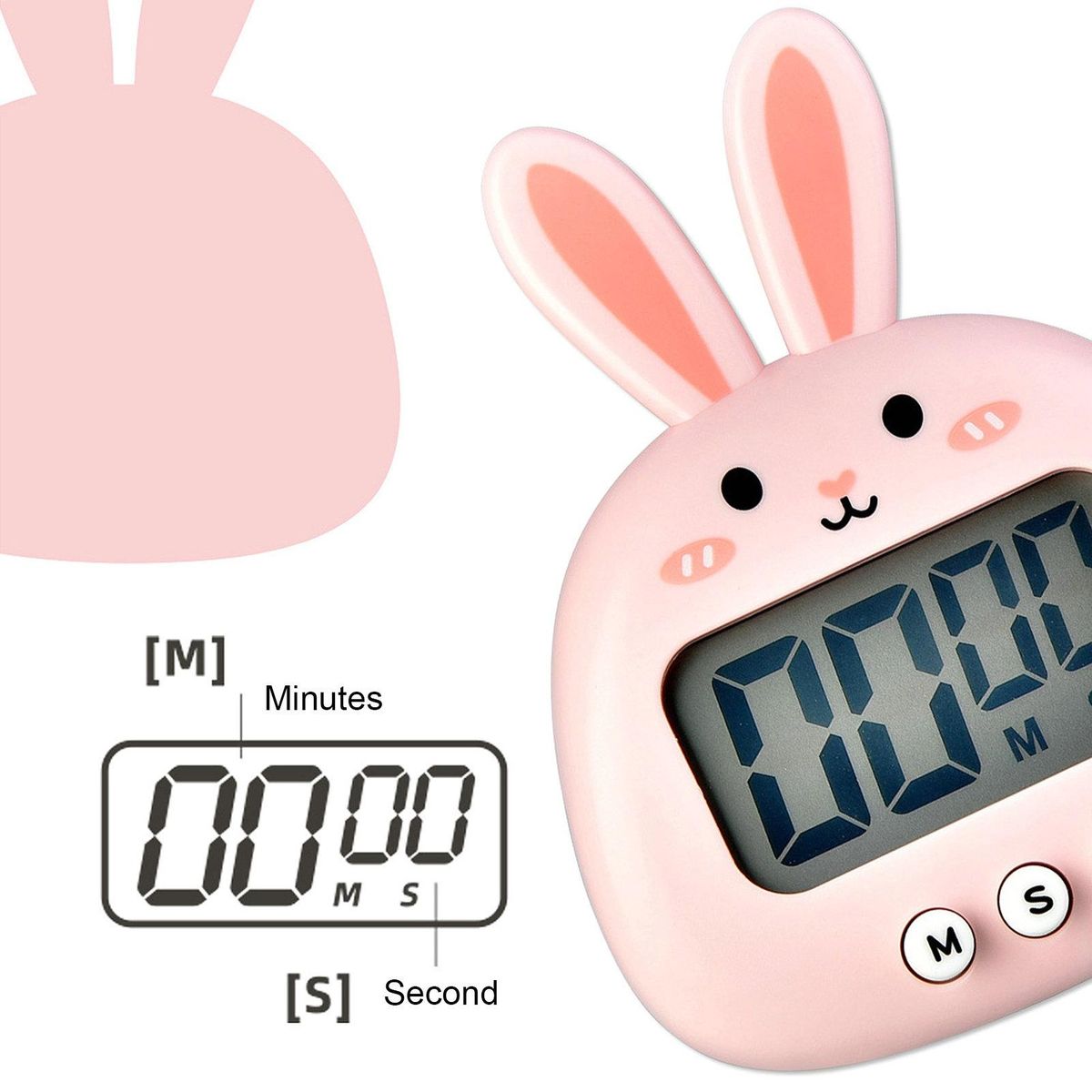 Digital Cartoon Rabbit Kitchen Manual Reminder Clock Pink