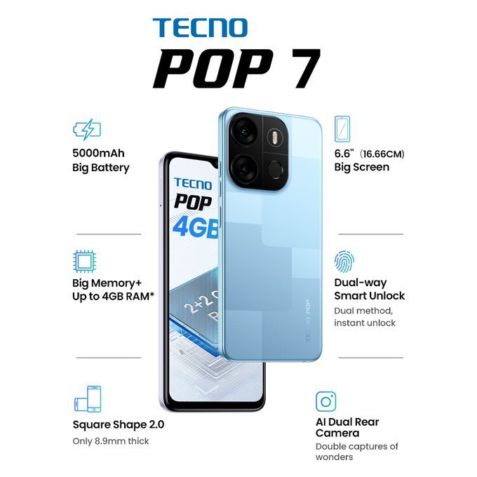 POP 7(BF6) 6.6" HD+ 2GB RAM/64GB ROM Android 12 - Capri Blue