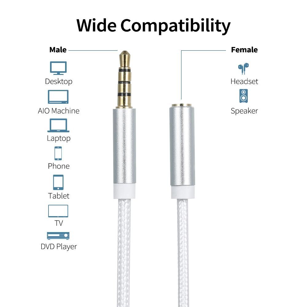 3.5mm TRRS Male to Female Audio Cable 3.5mm AUX Extension Cord Compatible with Car/Home Stereo Phone Laptop PC Game Console, Silver