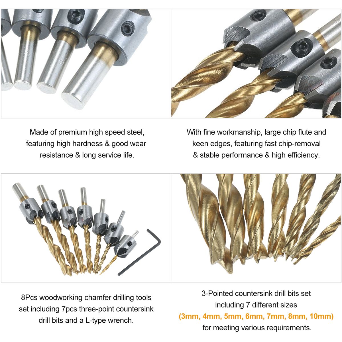 8Pcs Woodworking Chamfer Drilling Tools Set Including 7Pcs